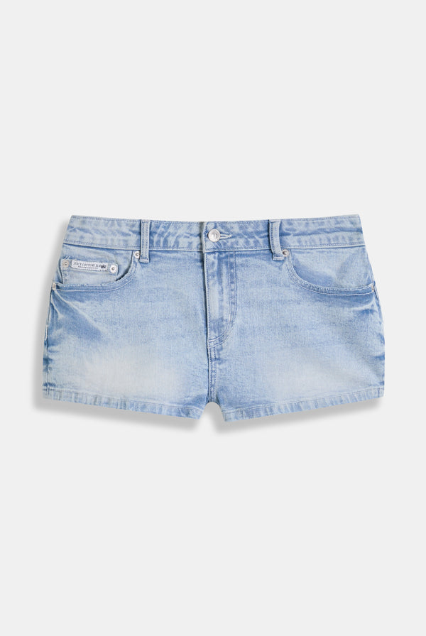 Displays the Light Wash 'Juicy' low rise denim booty short 