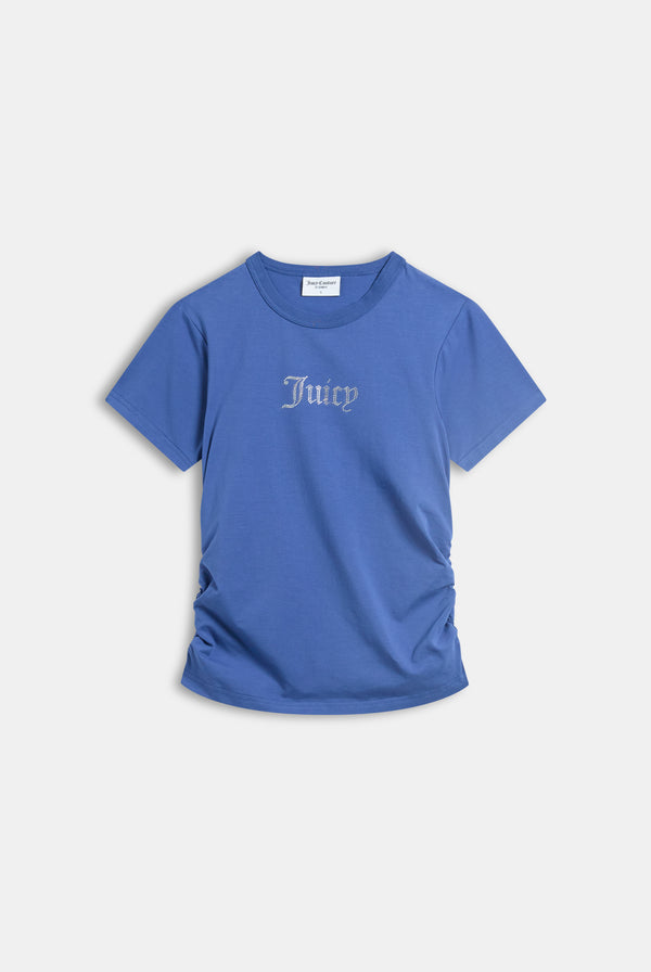 Displays the Grey Blue Diamanté 'Juicy' branded ruched T-shirt