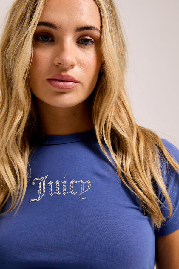 Displays a model wearing the Grey Blue Diamanté 'Juicy' branded ruched T-shirt