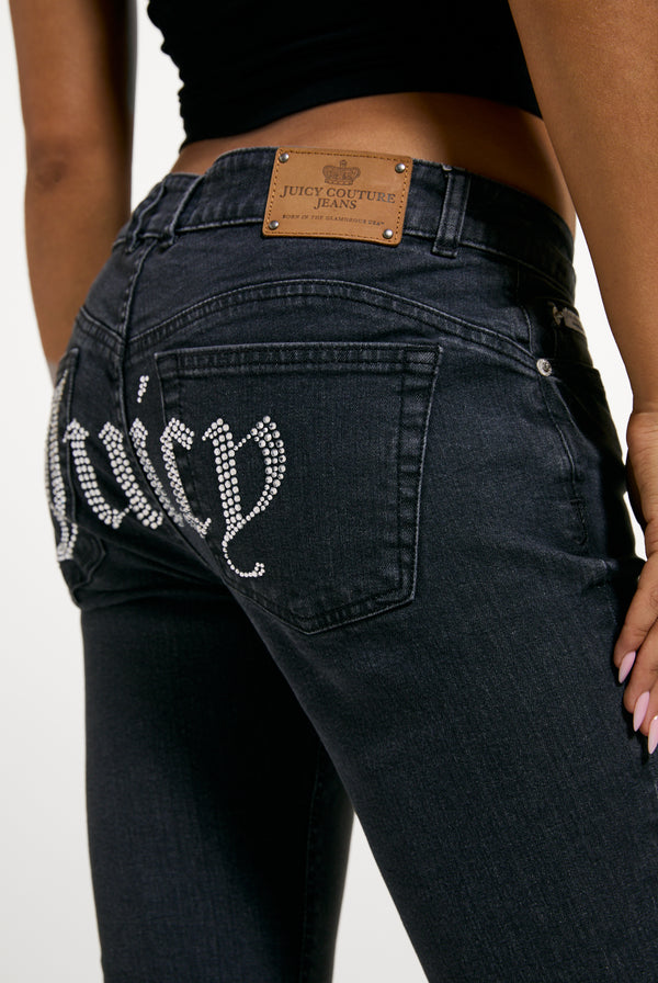 Washed Black Denim Diamanté Low Rise Flare Jeans