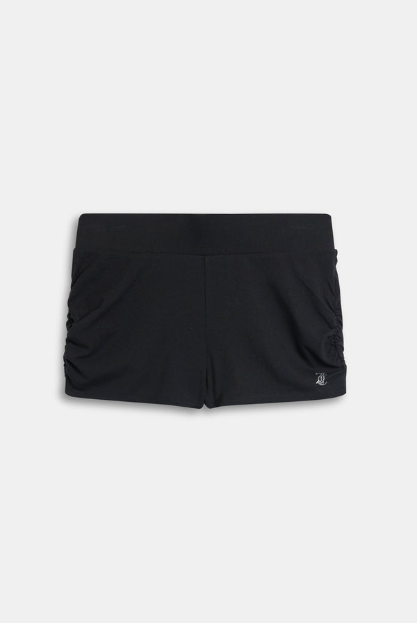 Displays the 'Black' Diamanté 'Juicy' branded ruched booty short