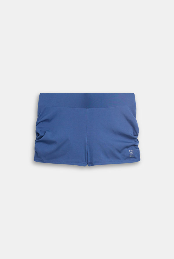Displays the Grey Blue Diamanté 'Juicy' branded ruched booty shorts 
