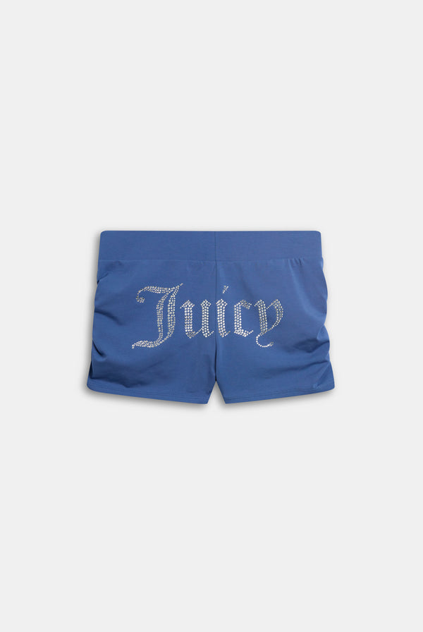 Displays the Grey Blue Diamanté 'Juicy' branded ruched booty shorts 