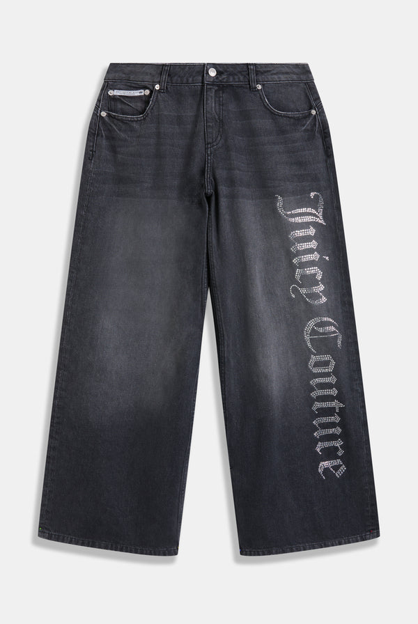 WASHED BLACK DIAMANTÉ WIDE LEG JEANS