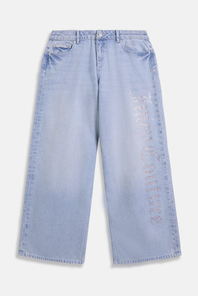 LIGHT WASH DIAMANTÉ WIDE LEG JEANS
