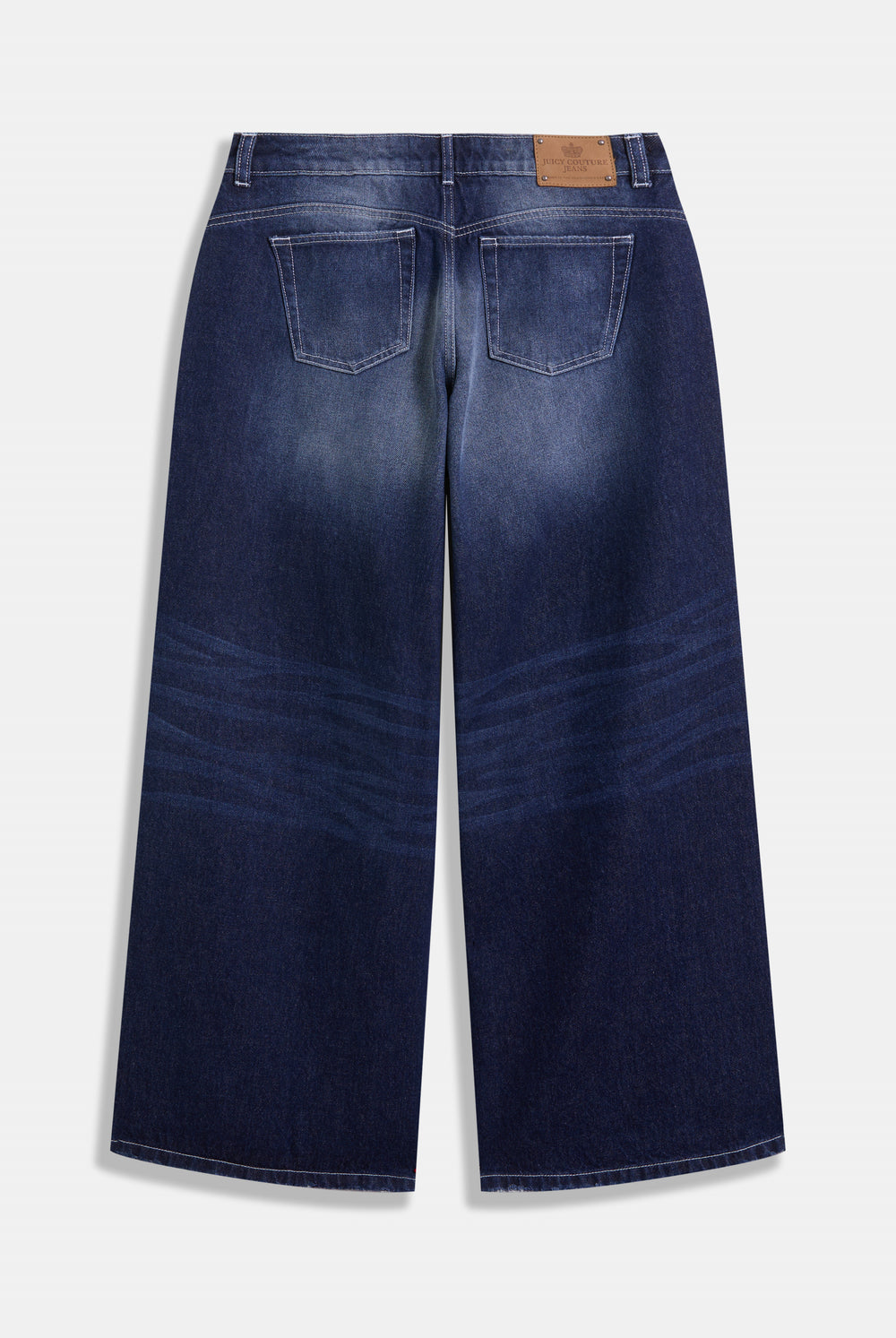 Displays the mid Wash 'Juicy' branded wide leg Diamanté jeans 