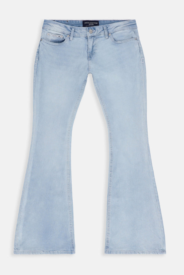 Displays the Bleached Demin 'Juicy' couture low rise flare diamanté jeans 