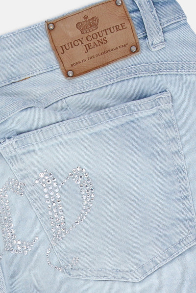 BLEACHED DENIM LOW RISE FLARE DIAMANTÉ JEANS