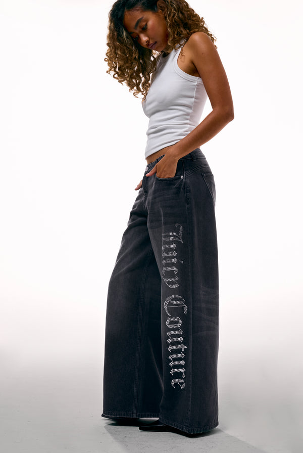 WASHED BLACK DIAMANTÉ WIDE LEG JEANS