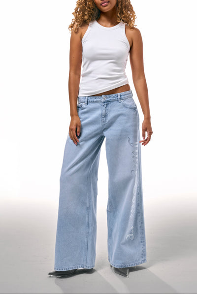 LIGHT WASH DIAMANTÉ WIDE LEG JEANS