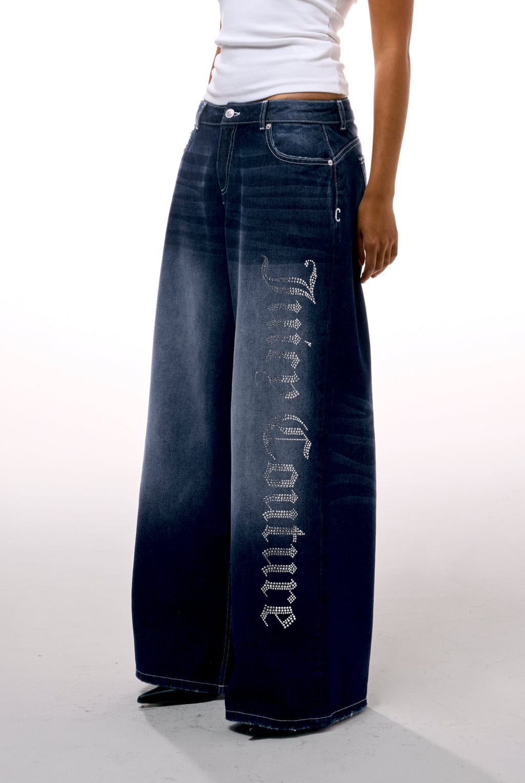 MID WASH DIAMANTÉ WIDE LEG JEANS