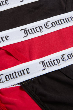 Displays all 3 of the black and red 'juicy' branded Cotton Branded Waistband briefs included in the Multi Pack Of 3 featuring the details of the juicy branded 
