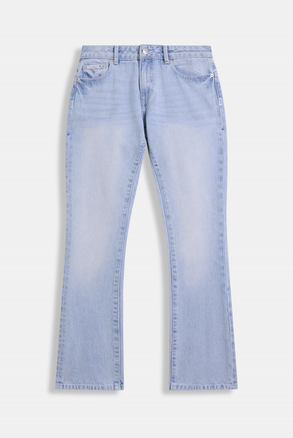 Displays the Light Wash 'Juicy' branded Dog crest bootcut jeans