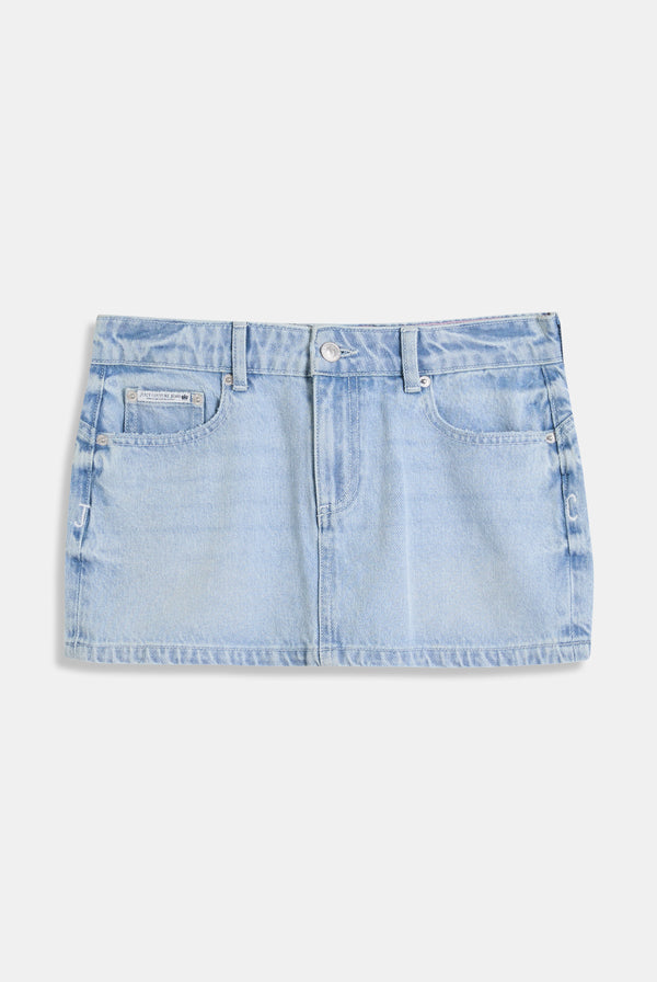 Displays the Light Wash 'Juicy' branded denim dog crest mini skirt 