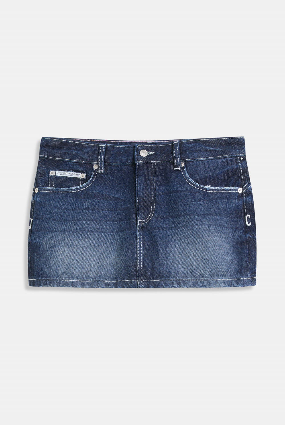 Displays the Mid Wash 'Juicy' branded dog crest mini skirt