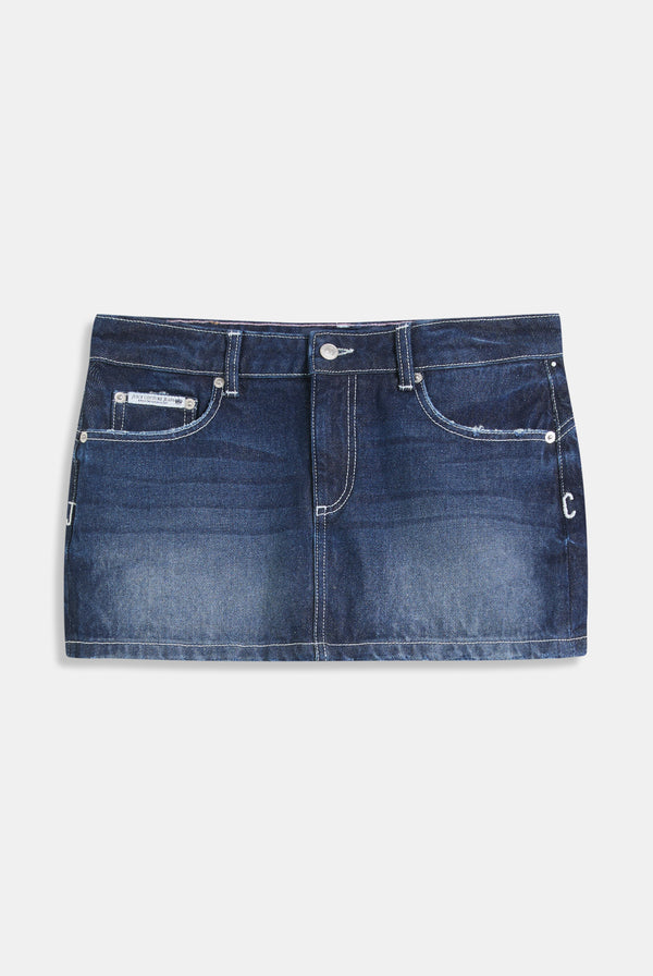 Displays the Mid Wash 'Juicy' branded dog crest mini skirt
