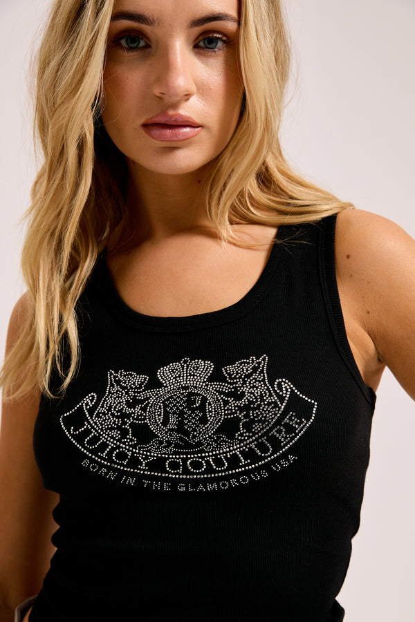 Displays a model wearing the Black Diamanté 'Juicy' DOG CREST VEST
