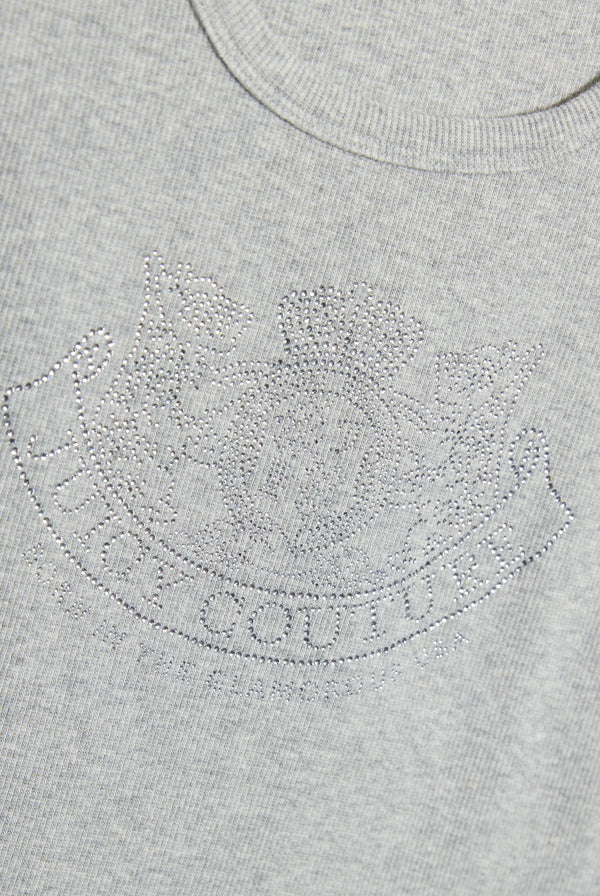 Displays a model wearing the Silver Marl Diamanté 'Juicy' branded DOG CREST VEST featuring the Juicy Logo