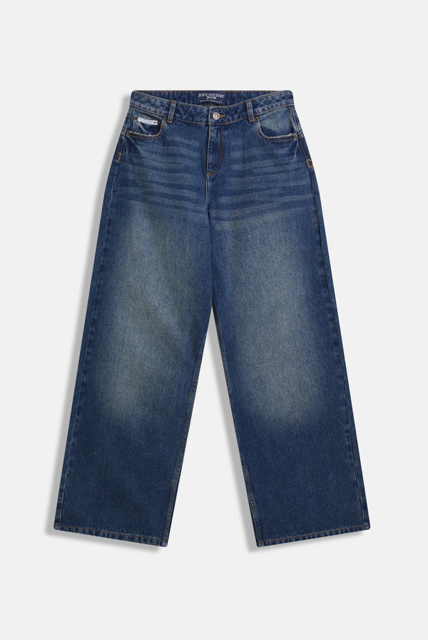 Displays the vintage wash mid rise wide leg 'Juicy' branded jeans 
