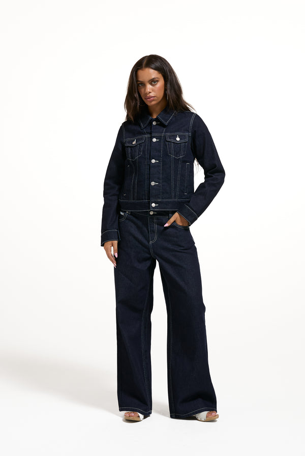 Indigo Denim Mid Rise Wide Leg Jeans