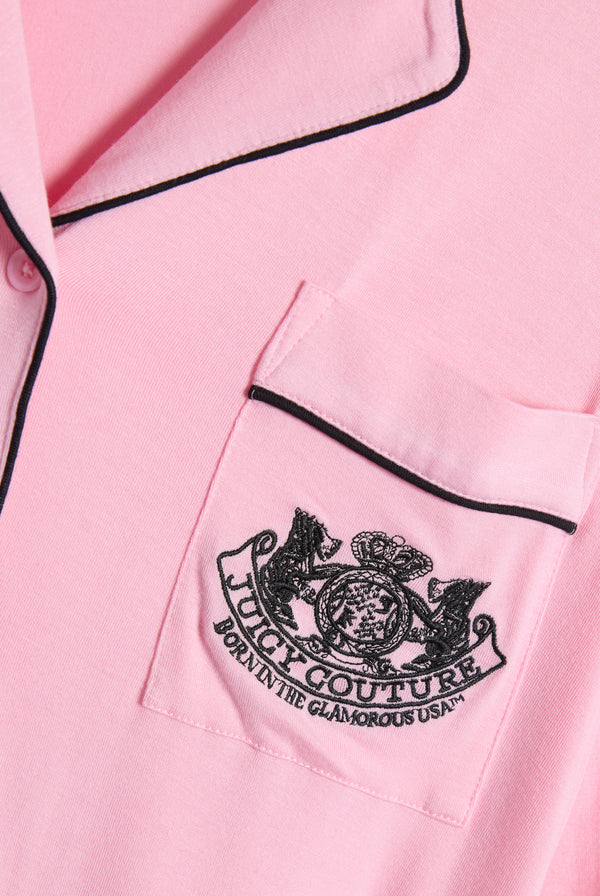 Displays the Juicy Pink 'Juicy' branded Dog crest pyjama set featuring the juicy logo branding