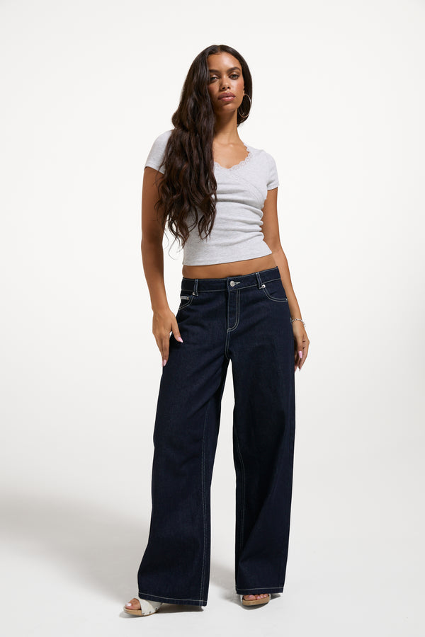 Indigo Denim Mid Rise Wide Leg Jeans