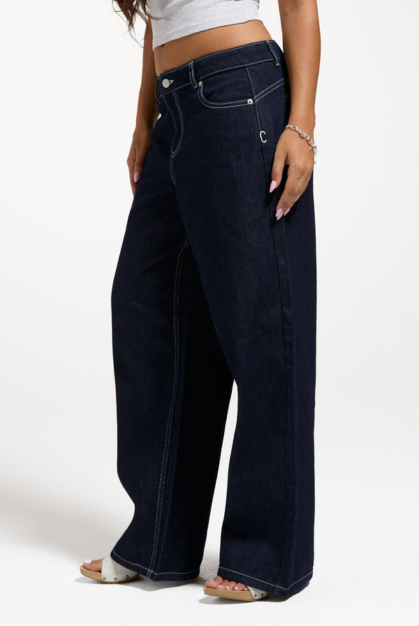 Indigo Denim Mid Rise Wide Leg Jeans