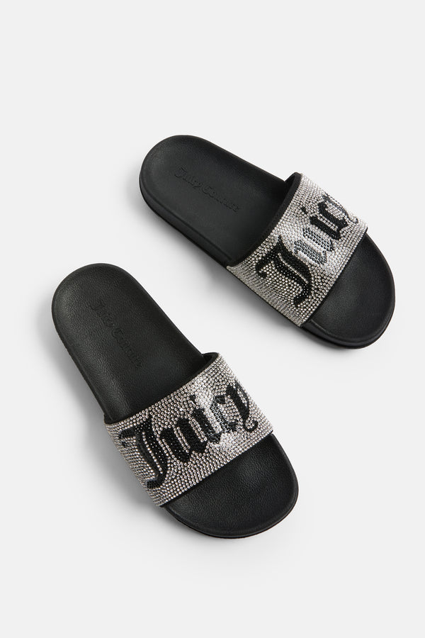 Displays a pair of the Black 'juicy' branded Diamanté juicy sliders