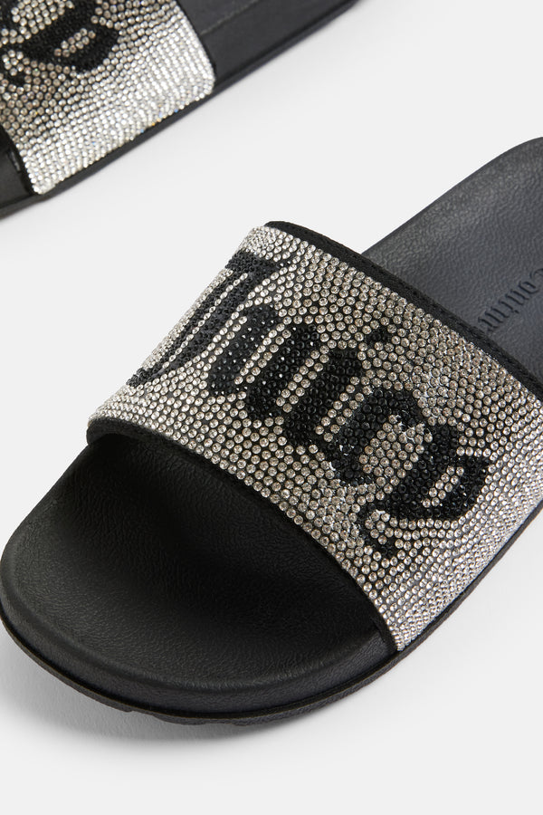 Displays a pair of the Black 'juicy' branded Diamanté juicy sliders featuring the juicy branding 