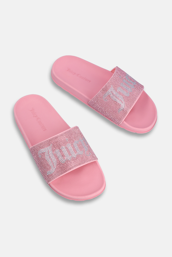 Displays a pair of the Juicy Pink 'Juicy' branded diamanté velour slider
