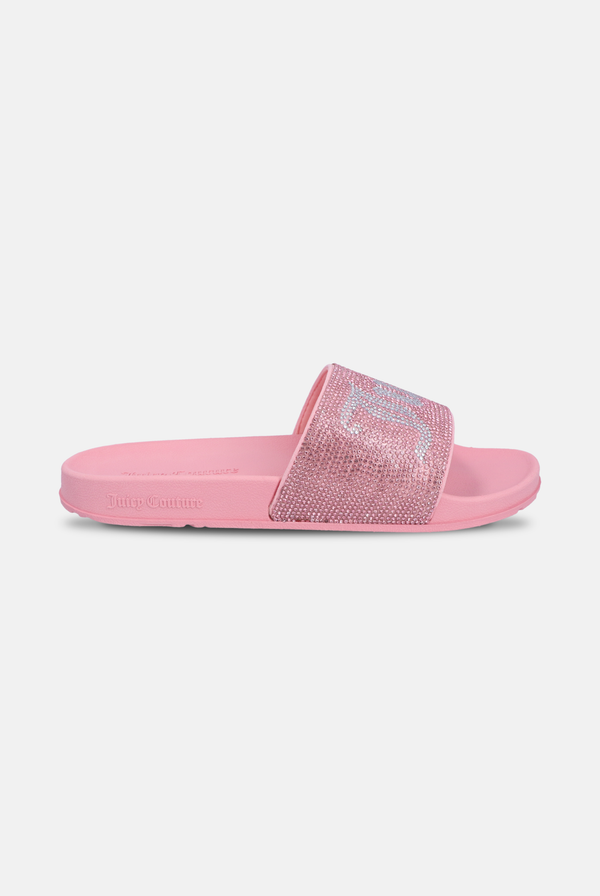 Displays the Juicy Pink 'Juicy' branded diamanté velour slider