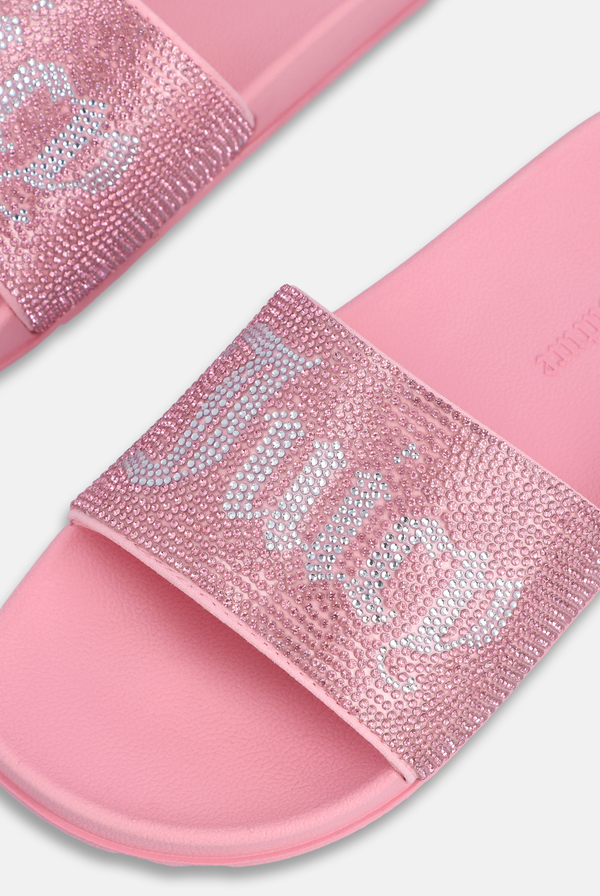 Displays a pair of the Juicy Pink 'Juicy' branded diamanté velour slider