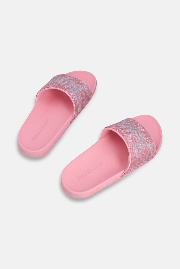Displays a pair of the Juicy Pink 'Juicy' branded diamanté velour slider