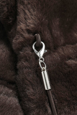 Displays a pair of Java 'Juicy' branded Drawstring Fur Mittens featuring close up on the details