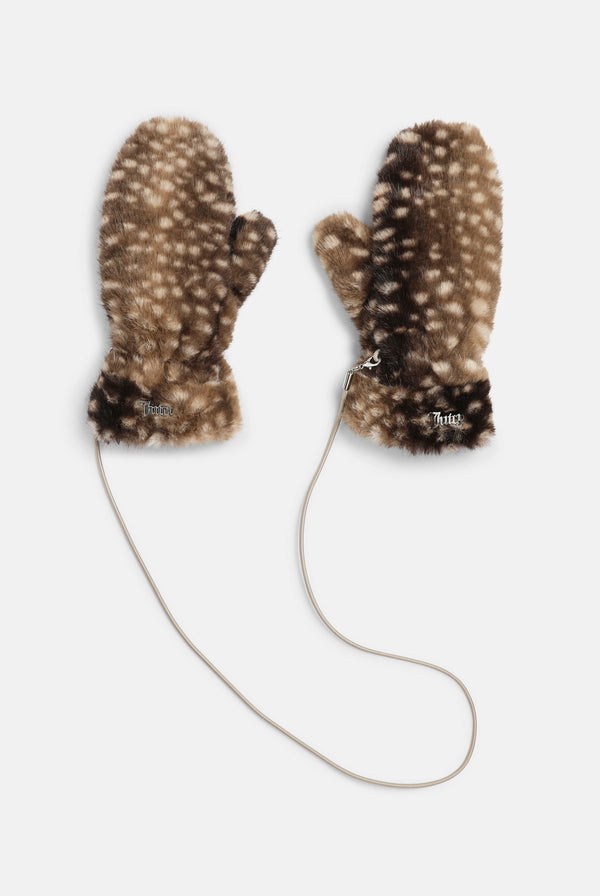 Bambi Print Drawstring Fur Mittens