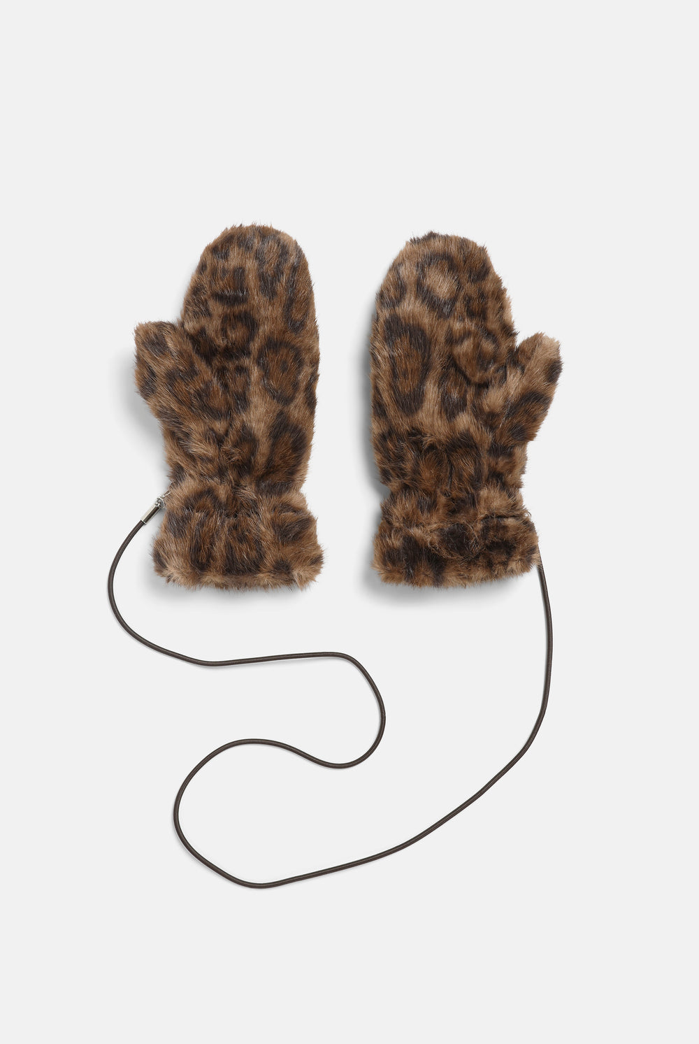 Displays a pair of the Leopard Print 'Juicy' branded Drawstring Fur Mittens