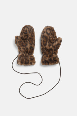 Displays a pair of the Leopard Print 'Juicy' branded Drawstring Fur Mittens