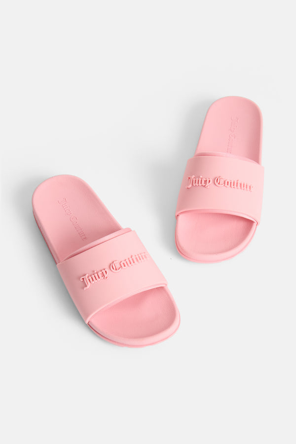 JUICY PINK LOGO EMBOSSED SLIDERS