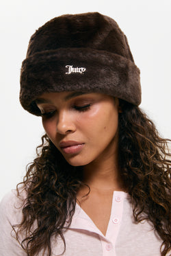 Displays a model wearing the Java 'Juicy' branded Faux Fur Hat