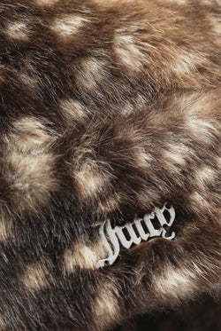 Displays the Bambi Print 'Juicy' branded Faux Fur Hat featuring the juicy branding 