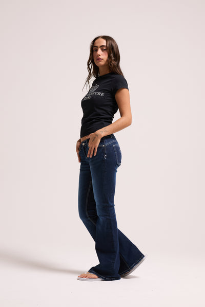 MID WASH DIAMANTÉ LOW RISE FLARE JEAN
