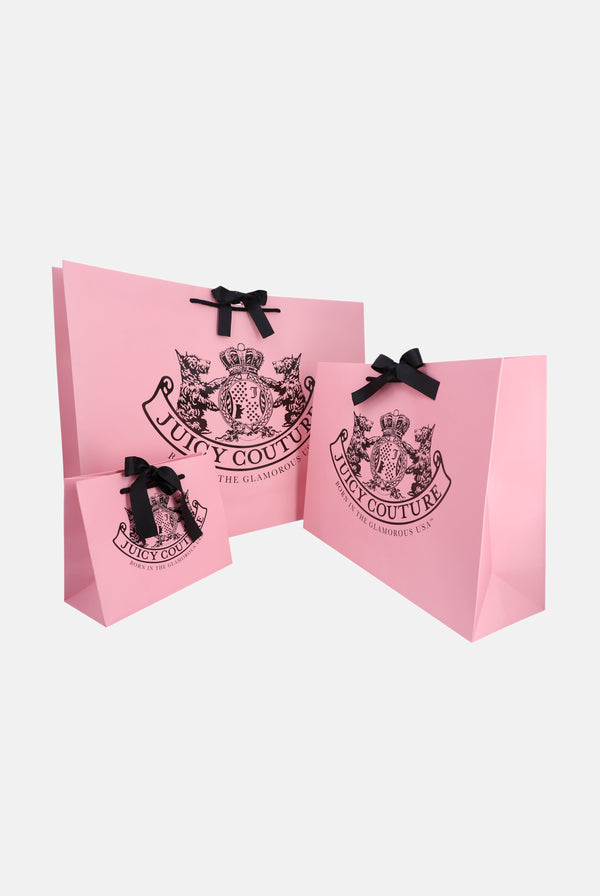 Displays three different variants of the Pink 'Juicy Couture' branded pink crest gift carrier bag
