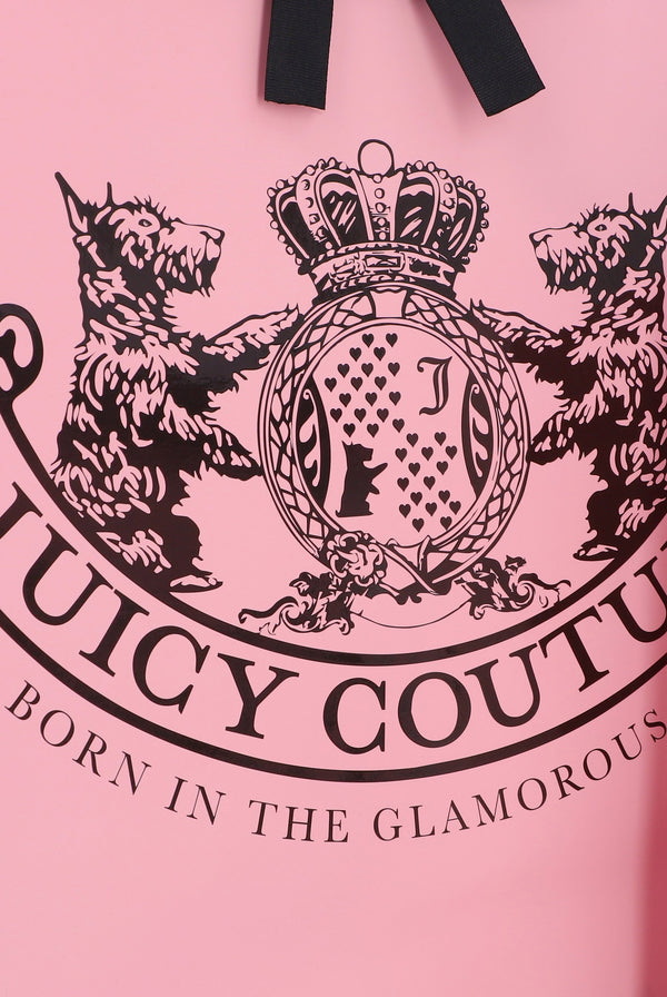Displays the Pink 'Juicy Couture' branded pink crest gift carrier bag featuring the juicy branding