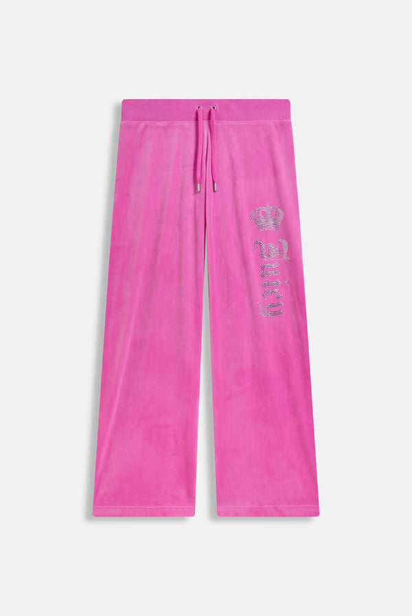 Displays the super pink 'Juicy' branded diamanté crown OG straight low rise velour bottoms 