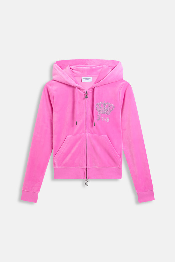 Displays the super pink 'juicy' branded gothic crown classic velour hoodie 