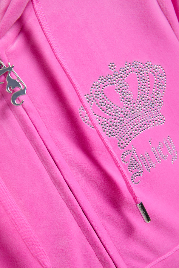 Displays the super pink 'juicy' branded gothic crown classic velour hoodie featuring the juicy branding 