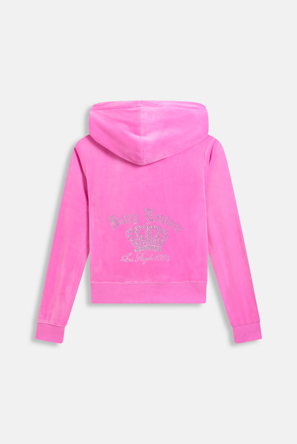 Displays the super pink 'juicy' branded gothic crown classic velour hoodie 