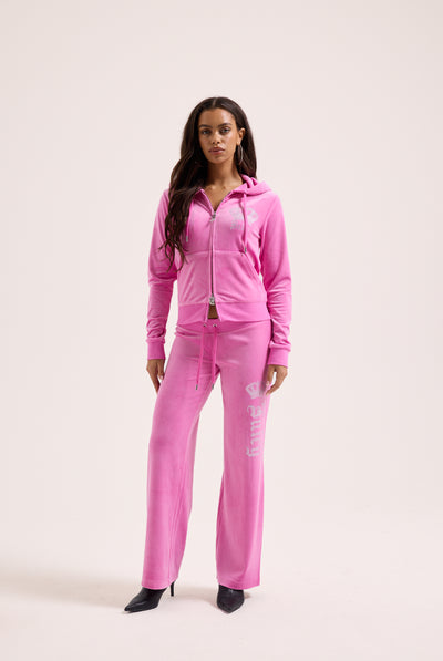 SUPER PINK DIAMANTÉ CROWN OG STRAIGHT LOW RISE VELOUR BOTTOMS