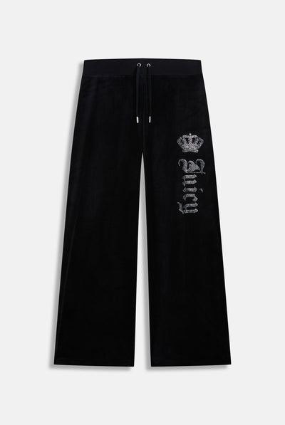 BLACK DIAMANTÉ CROWN OG STRAIGHT LOW RISE VELOUR BOTTOMS