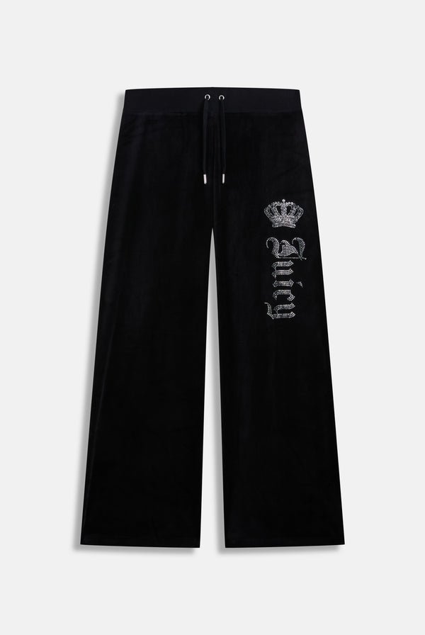 Displays the black 'juicy' branded diamanté crown OG Straight low rise velour bottoms 